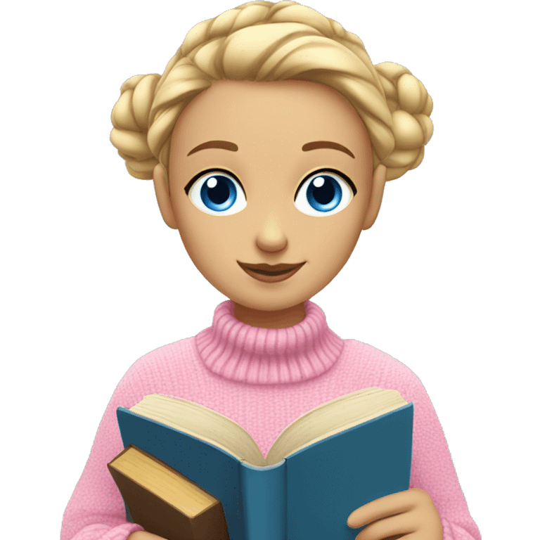 girl in a pink sweater, blonde with a bun and blue eyes, reads a book emoji