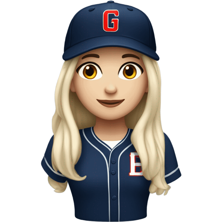 White girl with black long hair who wearing navy ballcap emblazoned with a red G initial and wearing baseball uniform emoji