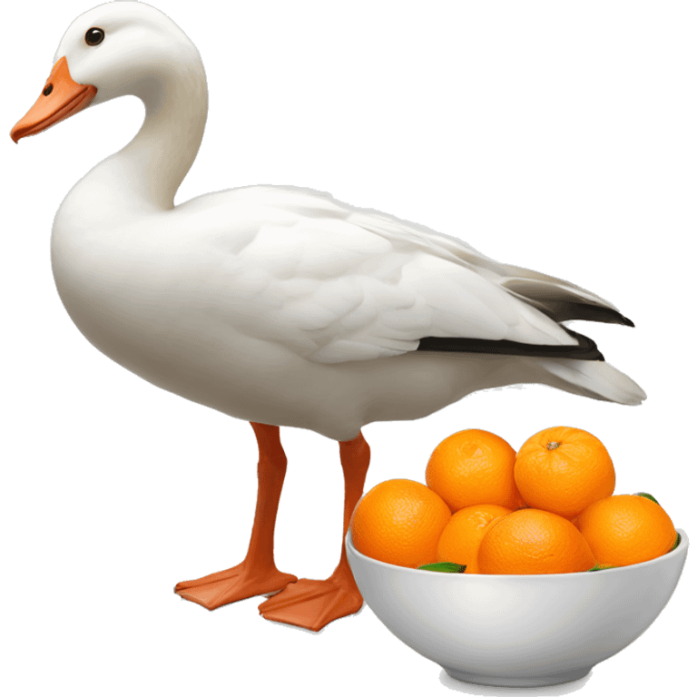 A white goose and  bowl of oranges 🍊  emoji