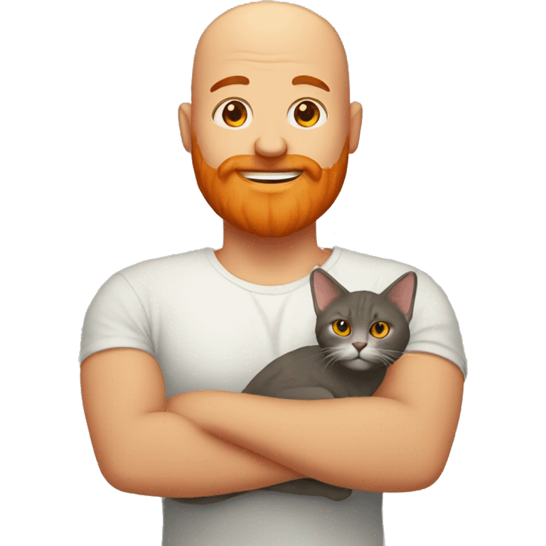 A bald man with a big orange beard holding a cat emoji