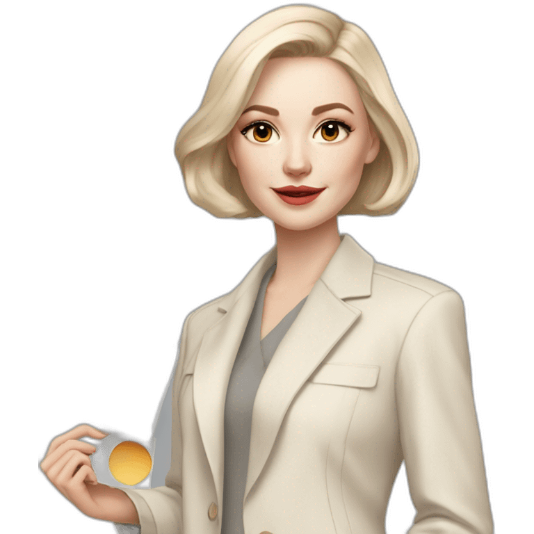 pale skin woman with ash blonde Straightened bob Hair, White Spacious classical jacket, beige palazzo Arrow pants and gray blouse holding a color palette in the hands emoji