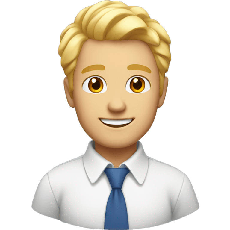 guy with blonde hair and orange eyes smiling and blue shirt with white collar emoji