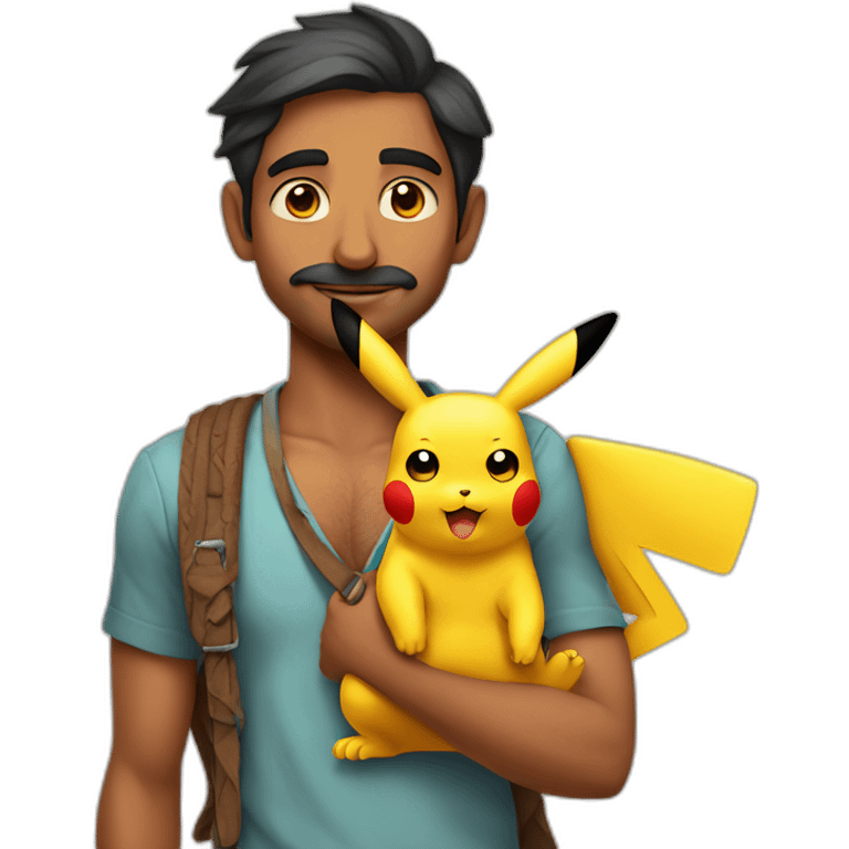 indian man in 30s without moustache carrying pikachu on shoulder emoji