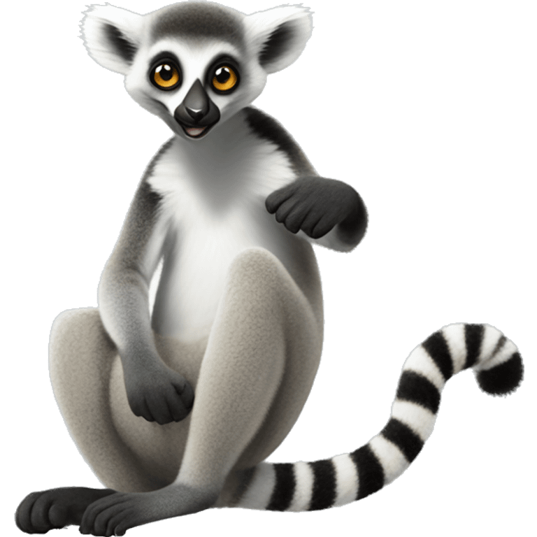 A smart lemur sits sideways, looks at us, shows a thumbs up on its upper paw and smiles emoji