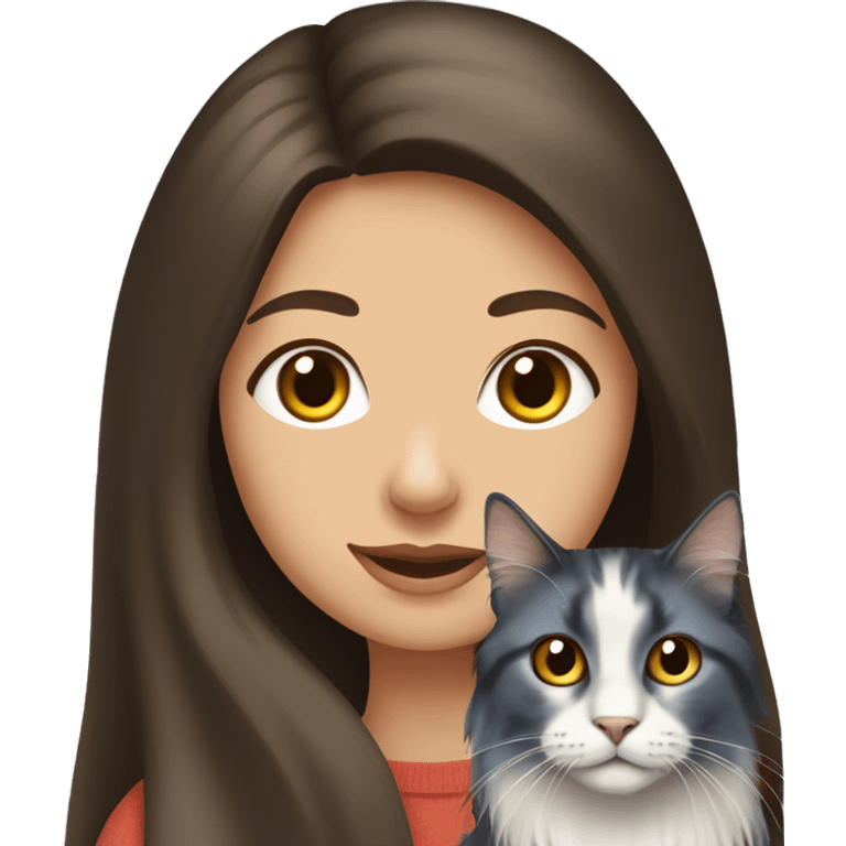 long straight haired blue eyed brunette woman holding norwegian forest cat with amber eyes emoji