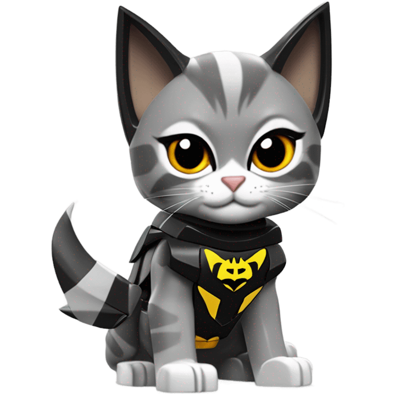 Lego Batman riding a Grey and black tabby kitten with white legs, razor sharp talons and wings of fire  emoji