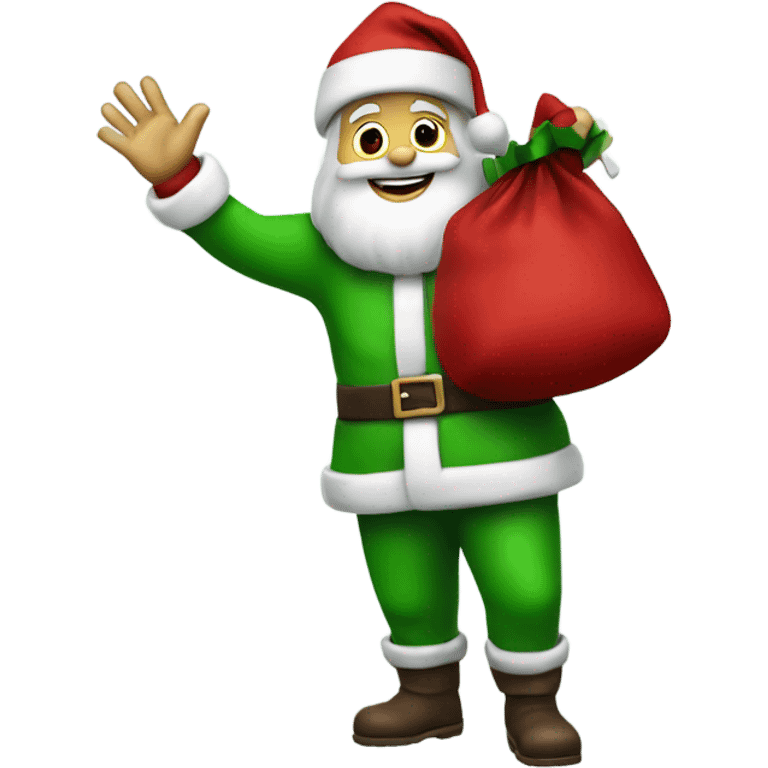 Santa Claus in a green suit waving with his left hand holding a red sack over his right shoulder emoji