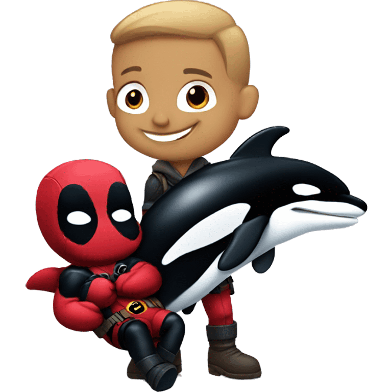 Deadpool holding a baby orca emoji