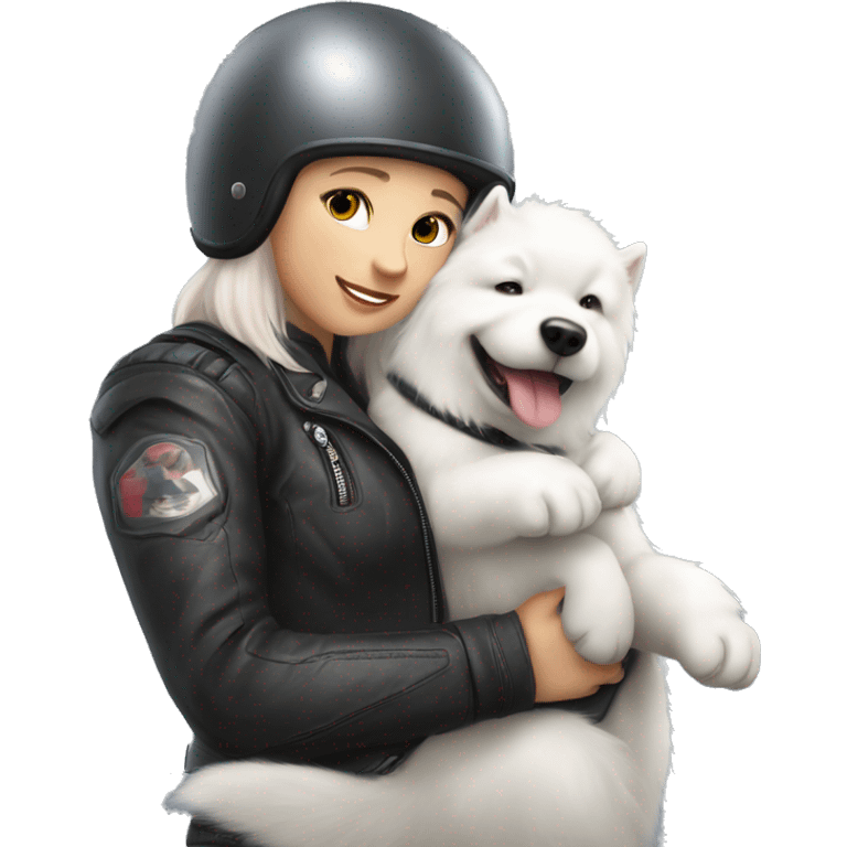 Biker girl white skin with a full helmet hugging a Samoyed  emoji