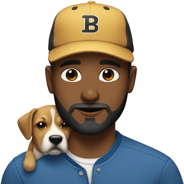 White Man wearing baseball cap with a black beard beard holding a black mouth cur dog emoji