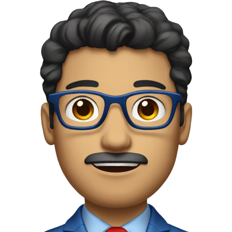 Latin man in blue suit and red tie, black eyes with metallic glasses, black hair, showing hands emoji