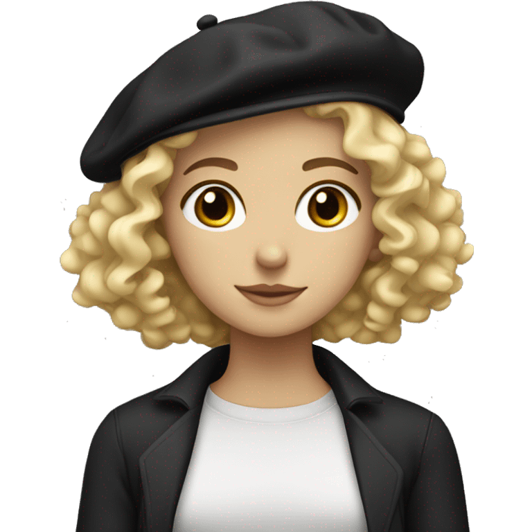 blonde, curly haired girl with grey eyes and freckles, wearing a black beret.  emoji