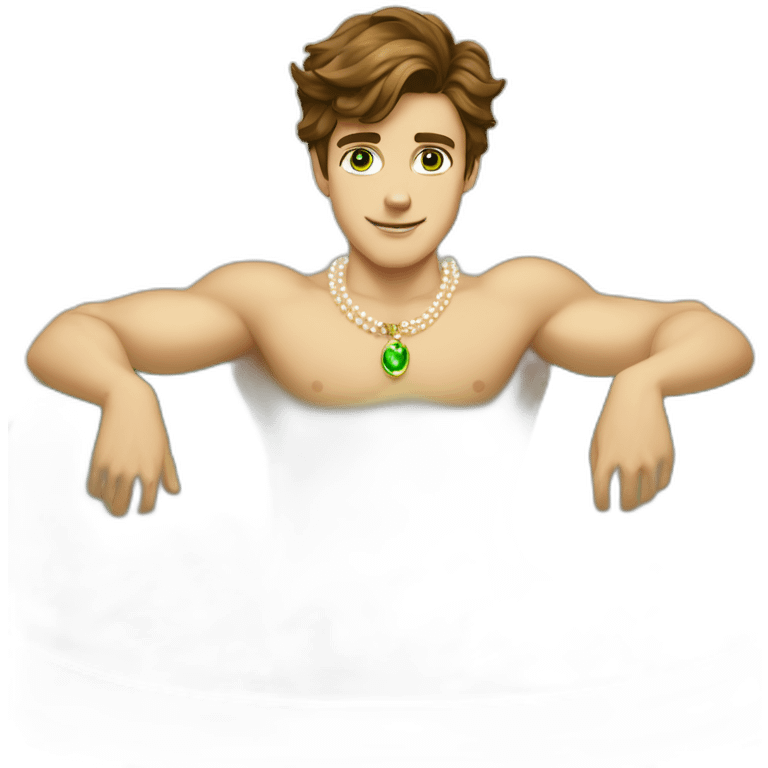 Posh-muscle-boy-brown-hair-green-eyes-pearl-necklace-in-golden-bathtub-legs emoji