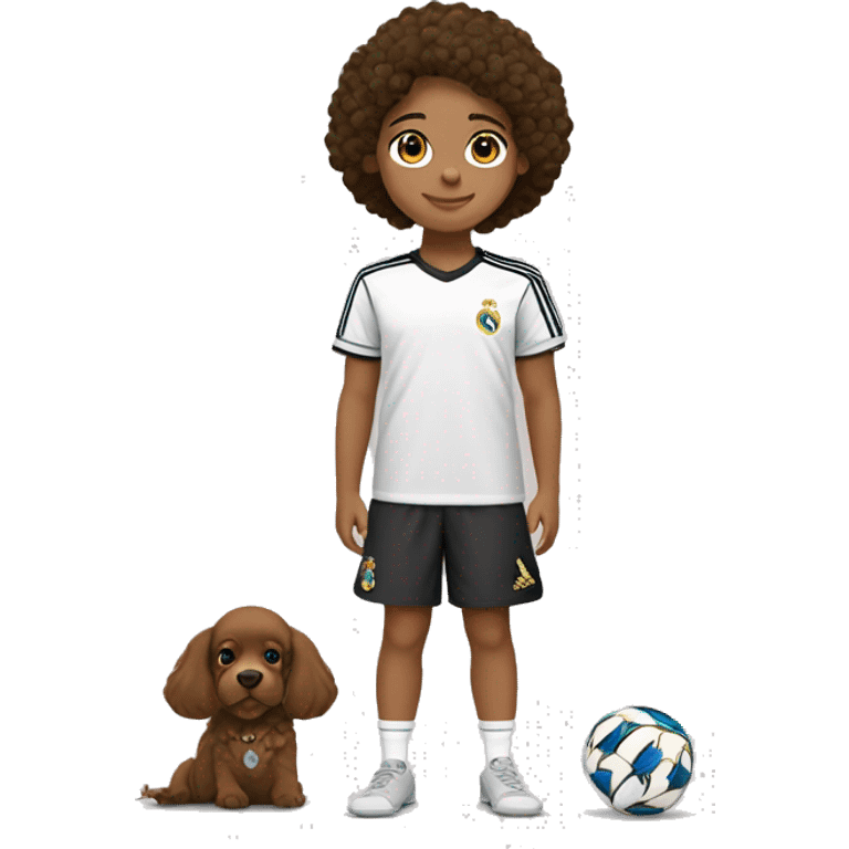 uma menina com cabelo castanho e liso olhos castanho pele bege com a camiseta do real Madrid e um cachorro emoji