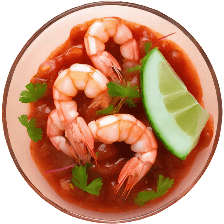 Shrimps in clear glass with red sauce and chopped cilantro and onions cucumber  emoji