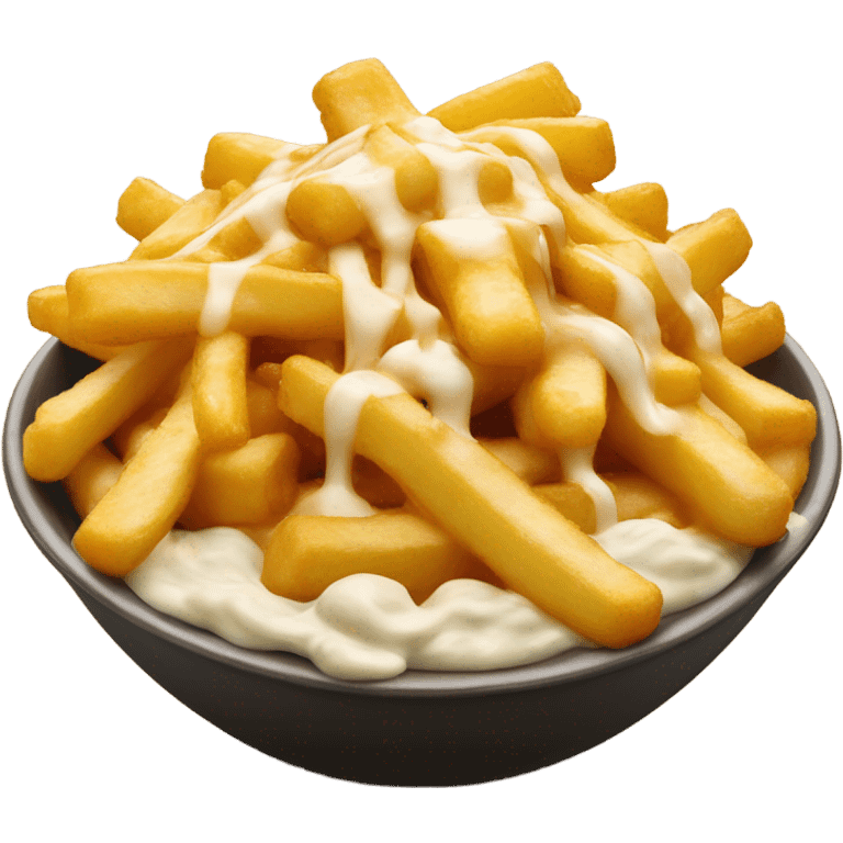 Bowl with fries and cheese curds on top covered in gravy emoji