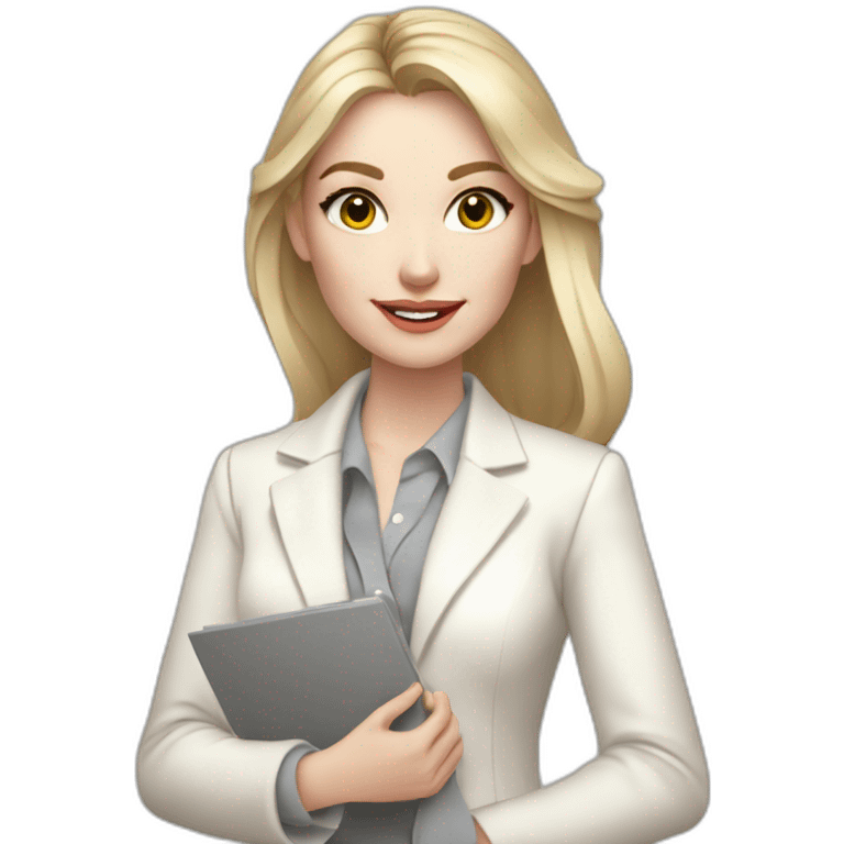 pale skin woman interior designer with cold blonde middle length hair, gray eyes, White classical jacket, blouse, Gray skirt holding a color palette in the hands emoji