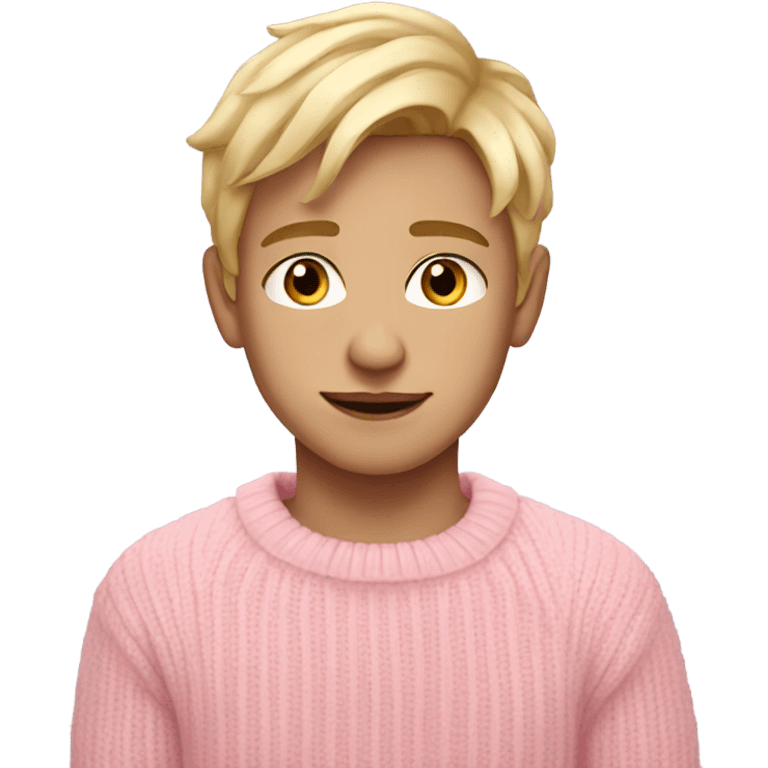 a fair skin boy in pink pastel sweater, blonde hair and cute pose emoji