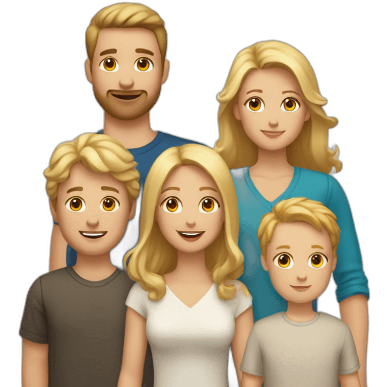 white family with 5 people, 1 blonde adult woman, 1 brunette adult male, 1 brunette male child, 1 brunette female child, 1 blonde male child. plus 2 golden retrievers emoji