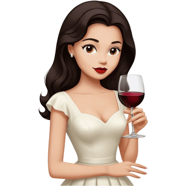 Beautiful woman in 1950’s woman fashion look, white dress, long hair, wine, dark brown hair emoji