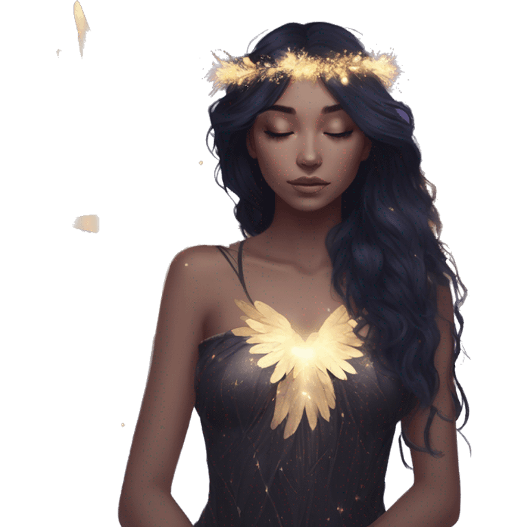 Black Raven wings bohemian girl Ethereal galaxy constellation girl angel raven wings black wings, gold arrow, nebula, flower crown, fairy lights, iridescent emoji