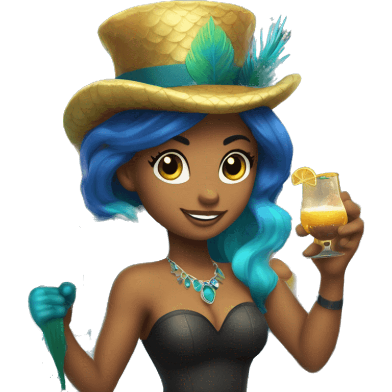 mermaid with peacock feathers for a tail and a toast face and a top hat and a pickaxe in her hand and in her other hand put in a claw machine emoji