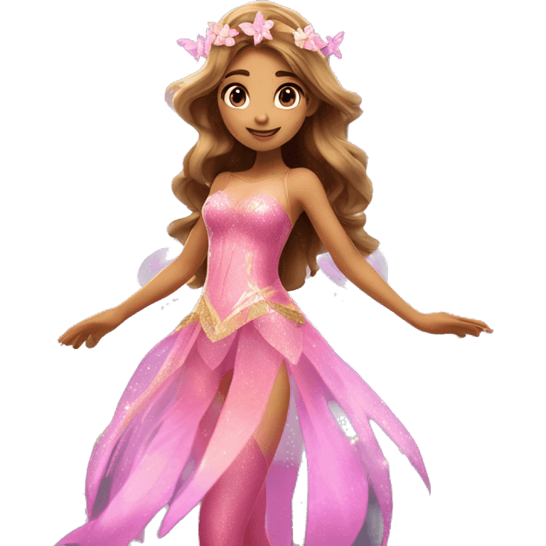 Flora the adult latina fairy of nature in her enchantix fairy pink clothing and fairy enchantix wings and long light brown hair from winx club. Small eyes, Lots of sparkles and fairydust   emoji