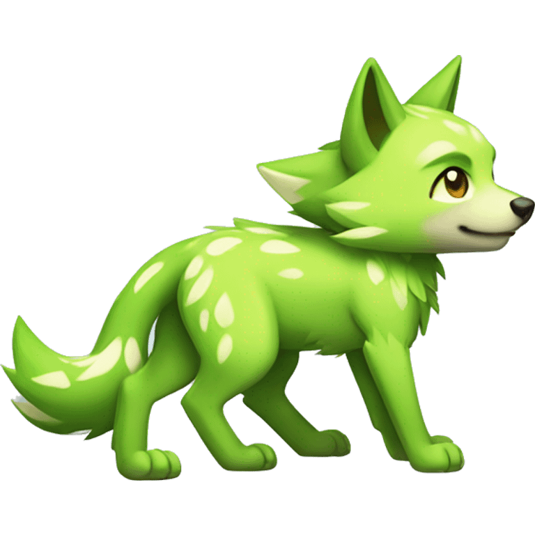 Cute Shy Shiny Lime-Green Fakémon-Wolf-Pokémon with white and dark-green markings Full Body emoji