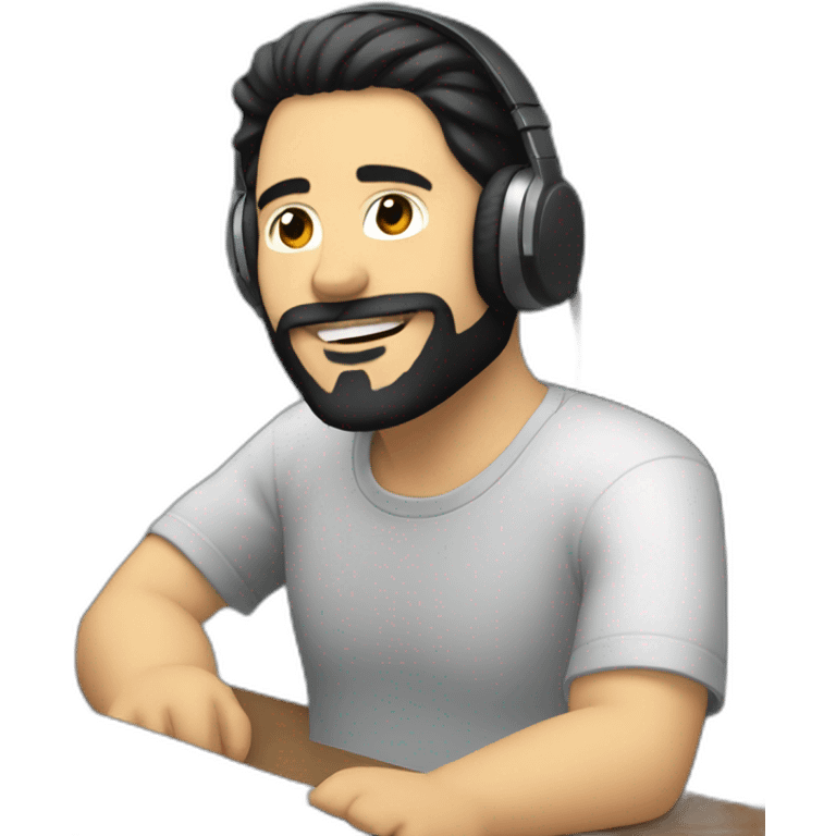 white man with black hair and beard and headphones sitting relaxed with a desk in front of him emoji