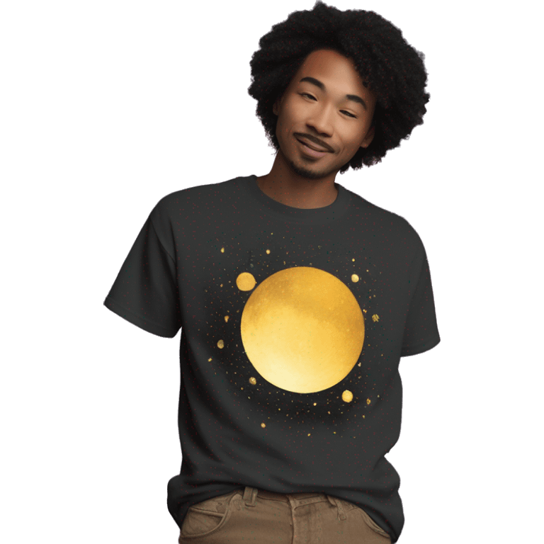 Person wearing T shirt with vintage gilded earth on t shirt with nebulas galaxies and constellations t shirt emoji