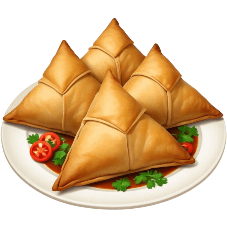 Samosa Cinematic Realistic Samosa Snack Emoji, depicted as a crispy, golden triangular pastry filled with spiced vegetables or meat, rendered with rich textures and vibrant, appetizing lighting. emoji