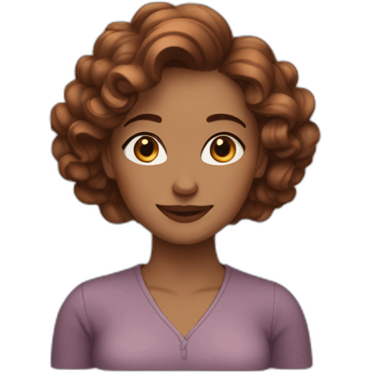 white woman, brown wavy hair, heart-shaped hand gesture, long earrings emoji