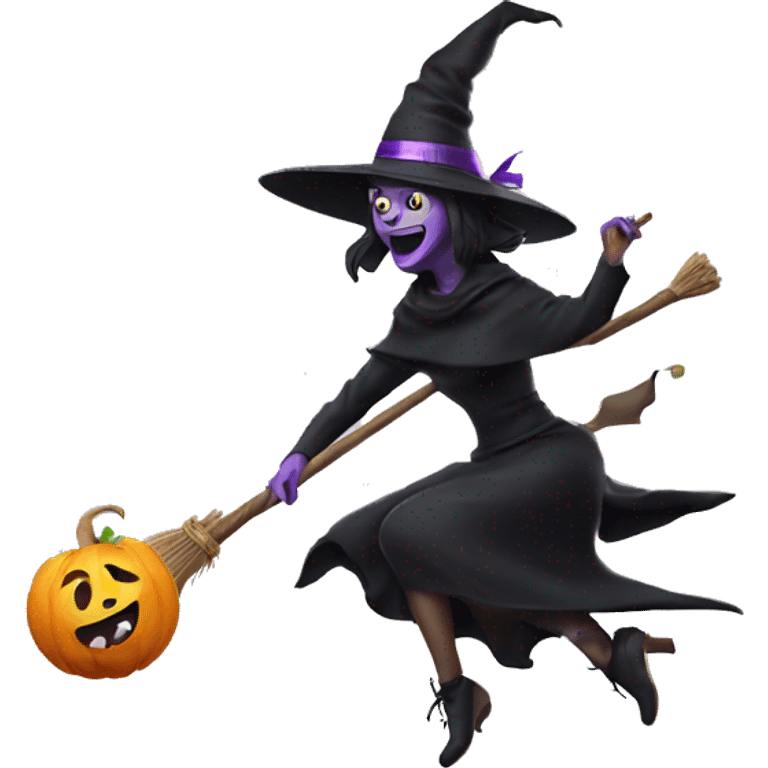 Scarry witch, flying to the left on a broom, throwing candy. emoji