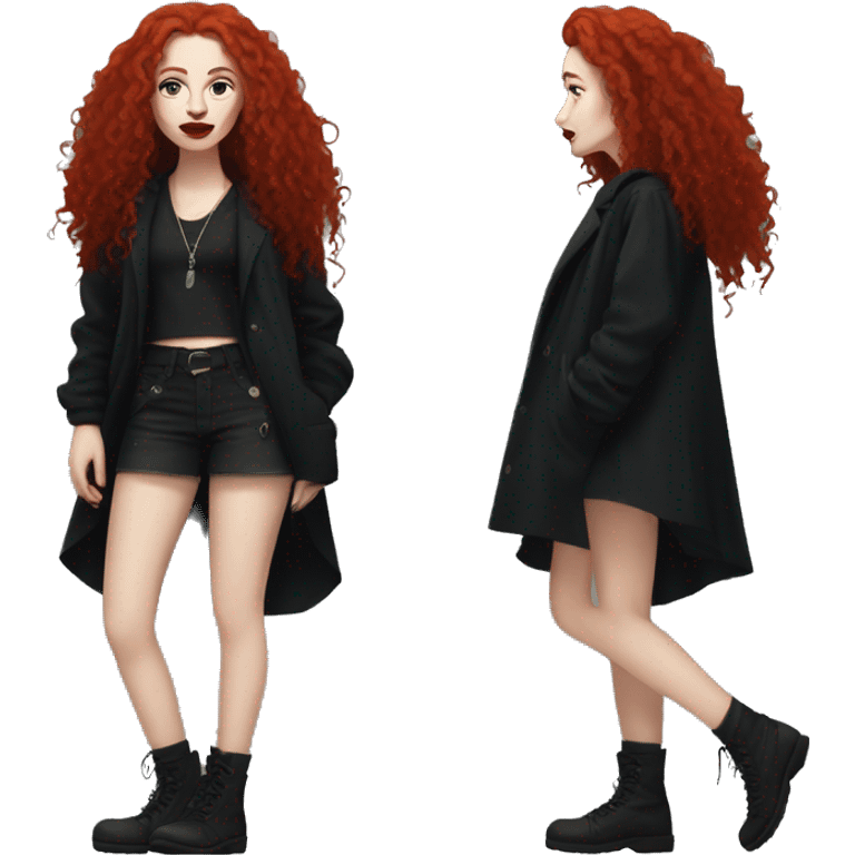 pale, punk woman, long curly red hair, full body, baggy dark clothes, red lipstick emoji