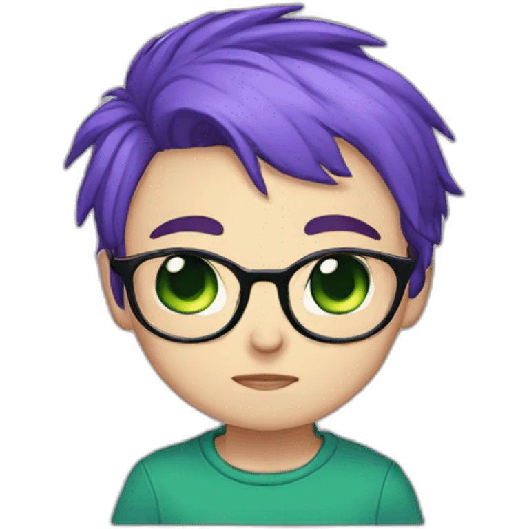 chibi, short blue and purple hair, green eyes, glasses, crying emoji