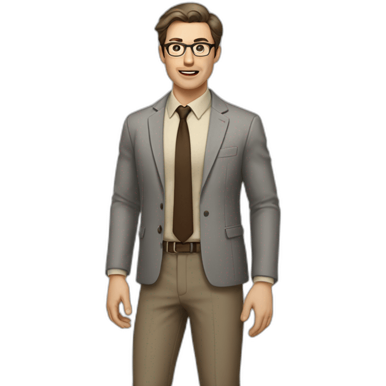 Full height Actively Gesturing Pale skinned fit man with dark brown hair in gray jacket, beige office shirt, brown tie, brown pants and vintage glasses. emoji