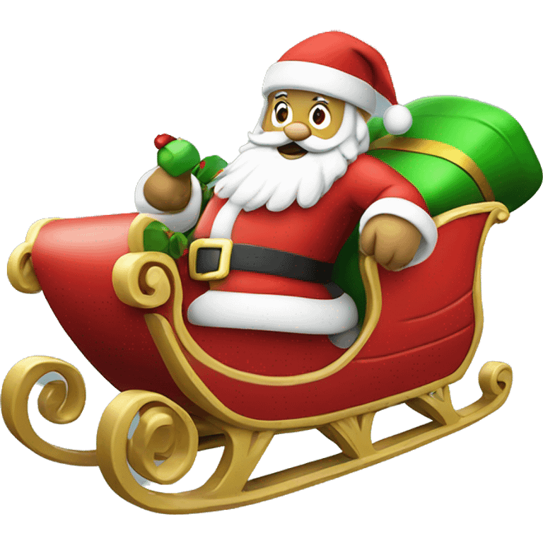 Santa in red sleigh, green sack of gifts, fun and festive emoji