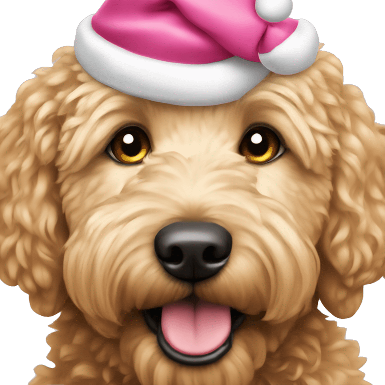 Golden doodle wearing pink Santa hat emoji