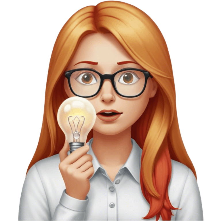 intelligent and clever, 30 year old, girl, long red and almost blond hair, glasses, has an brillant idea, rubs his nose, light bulb over the head, casual cloth  emoji