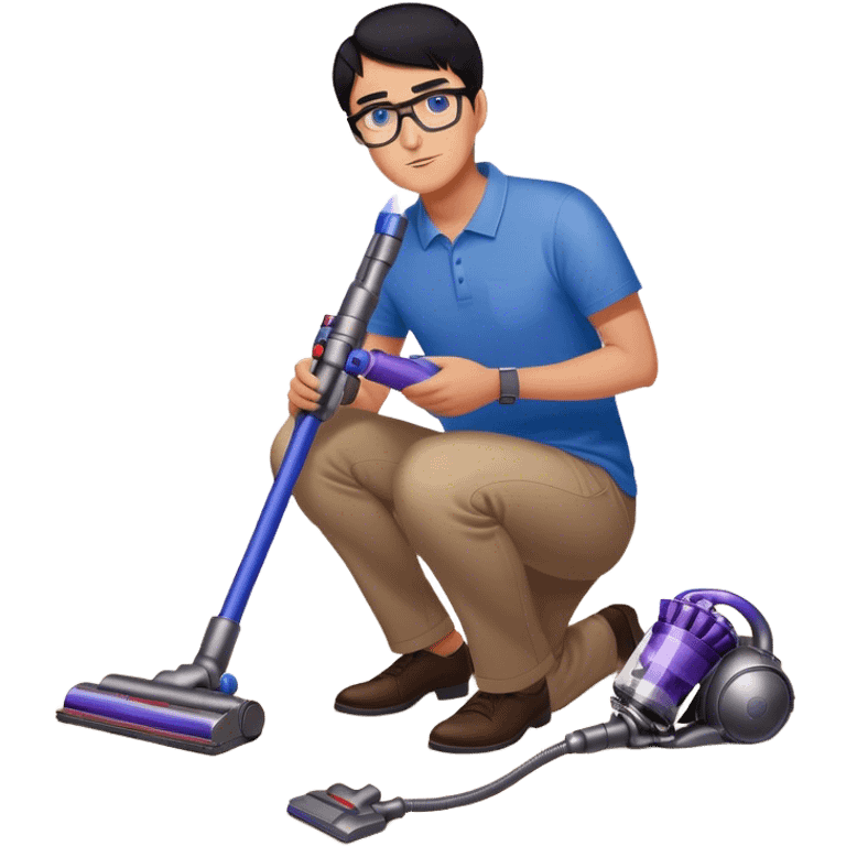 Man with black hair and blue eyes with glasses using Dyson wireless on the floor emoji