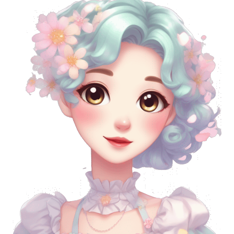 Gorgeous pastel anime style lady with blushing face with flower petals around cute dress  cottagecore fairycore pastelcore shiny colorful pearly petite simplistic aesthetic trending style emoji