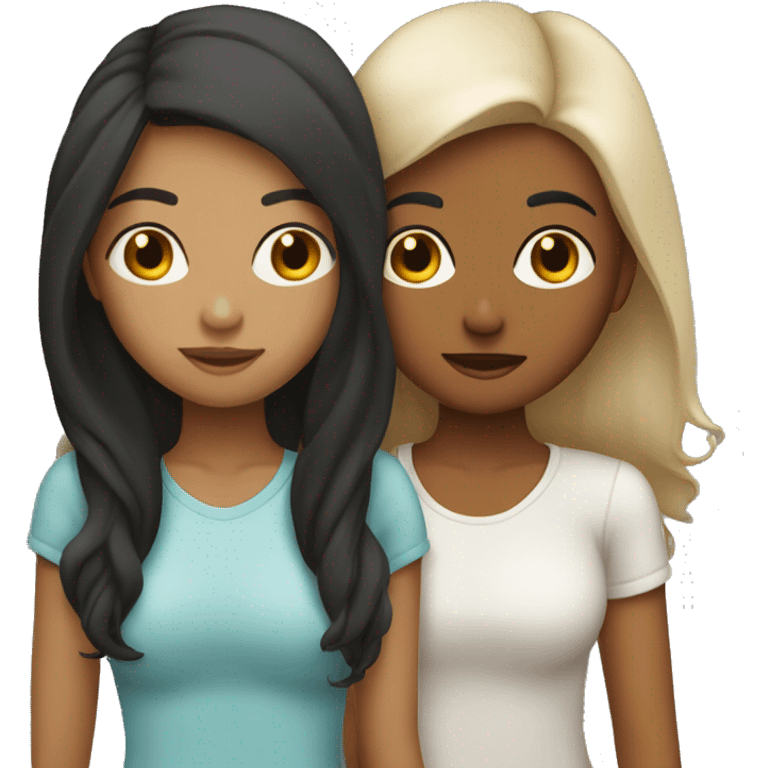 Two lesbians kissing on the lips. Both have long dark hair, one girl has freckles. Both of their skin color is white complexed. emoji