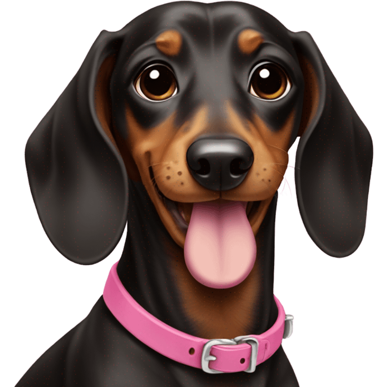 Dachshund wearing pink collar holding a bone in her mouth  emoji