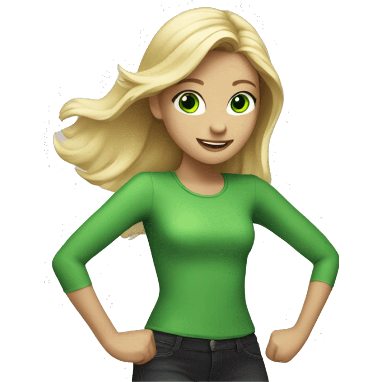 Girl with blonde hair and green eyes dancing emoji