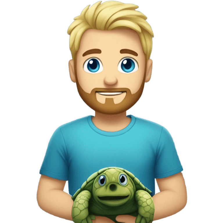 Blonde man with beard and spiked up hair, blue eyes, t-shirt, holding a sea turtle  emoji