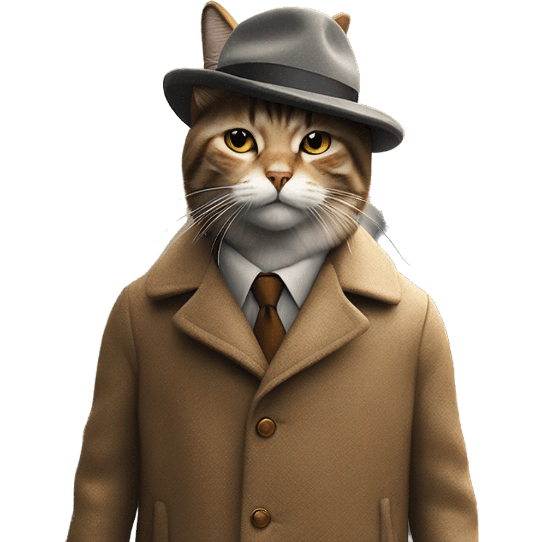 A stylish cat walking on two legs, wearing a wool coat and a hat, on a city street covered in golden autumn leaves, overcast sky, cozy autumn atmosphere, highly detailed, cinematic lighting, ultra-realistic, fashionable cat, street style emoji