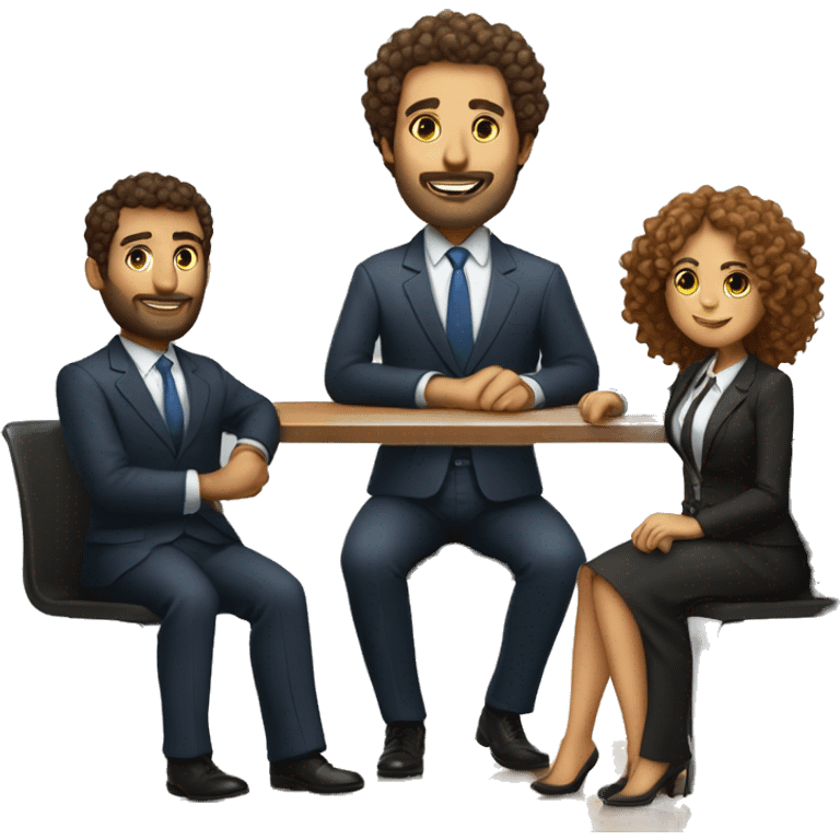 work meeting 3 men and 4 women sitting on a table wearing suits the women have curly hair and one of the men is fat with a beard and of them is tanned with curly hair emoji