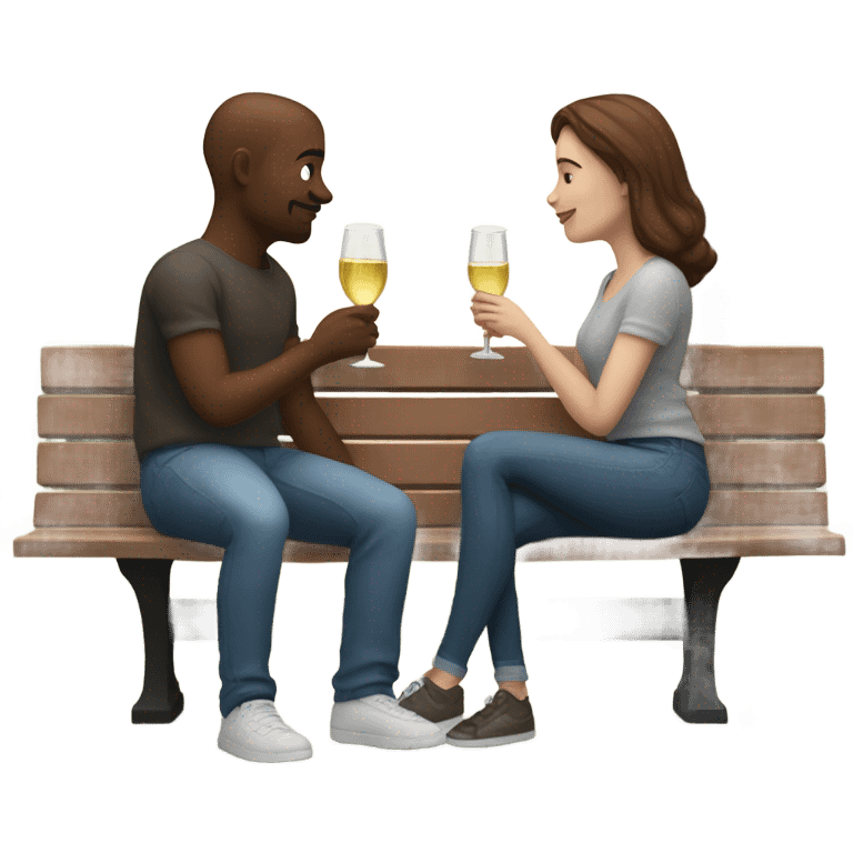 couple with white skin people and brown hair, sitting closely on a park bench, enjoying a romantic moment. One person is holding a croissant, and the other is holding a glass of Prosecco.  emoji