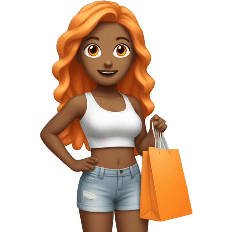 Tan girl with long orange hair wearing cute gym outfit holding shopping bags emoji