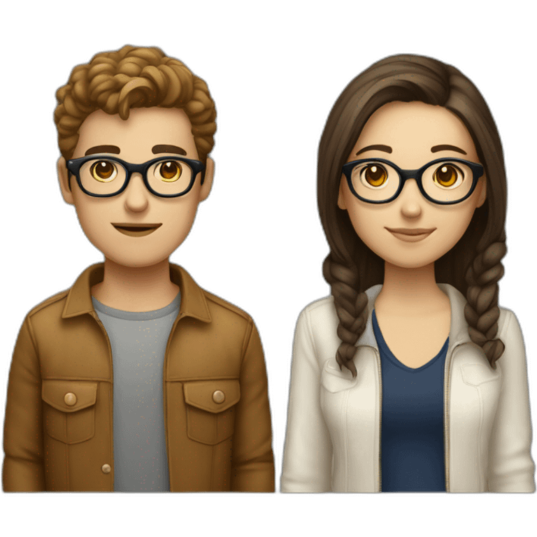 italian young cool couple brown hairs and white skin, the boy with rounded glasses, the girl is a model emoji